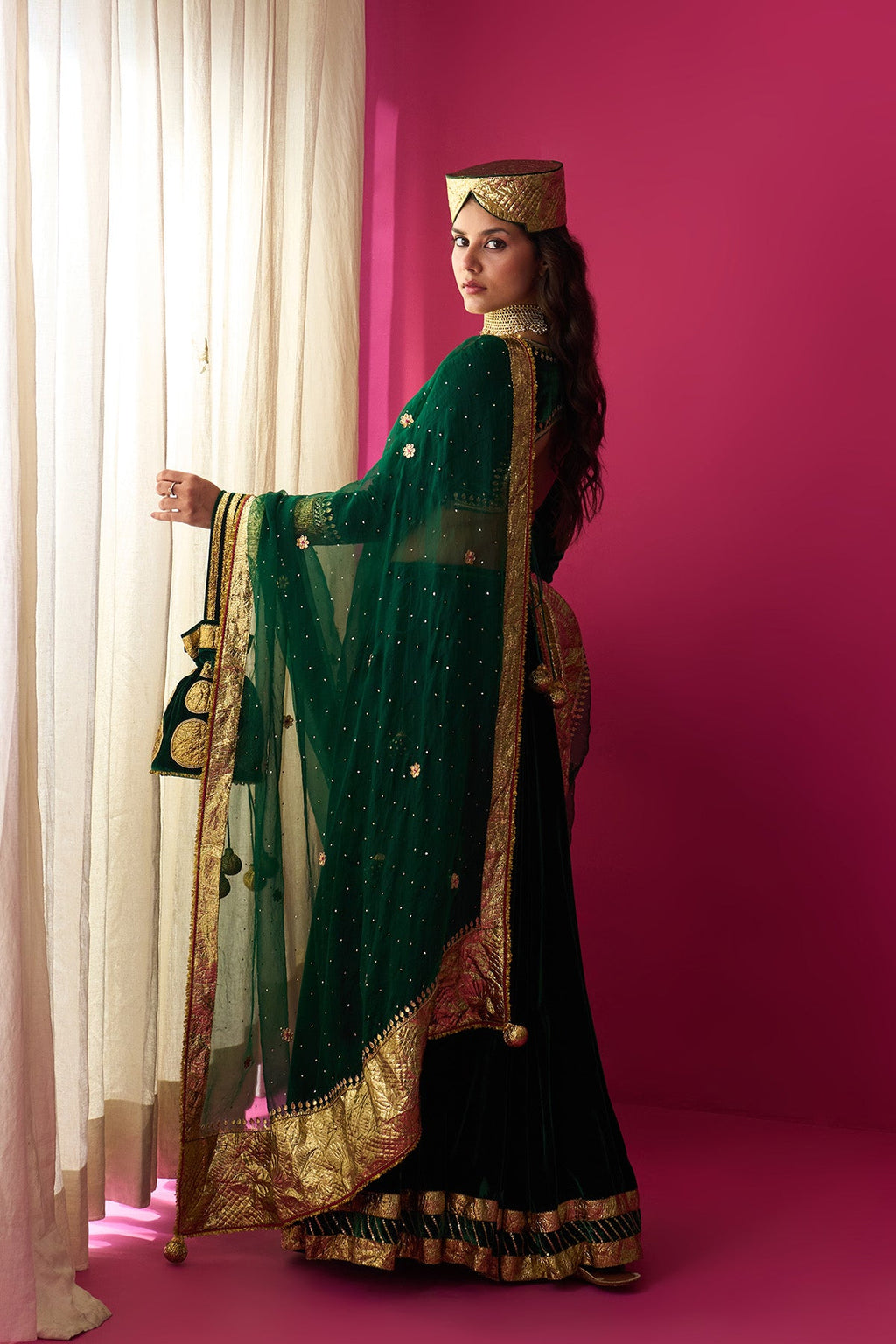 Nur green silk velvet green embroidered lehenga with blouse and dupatta (set of 3) - Ready to ship