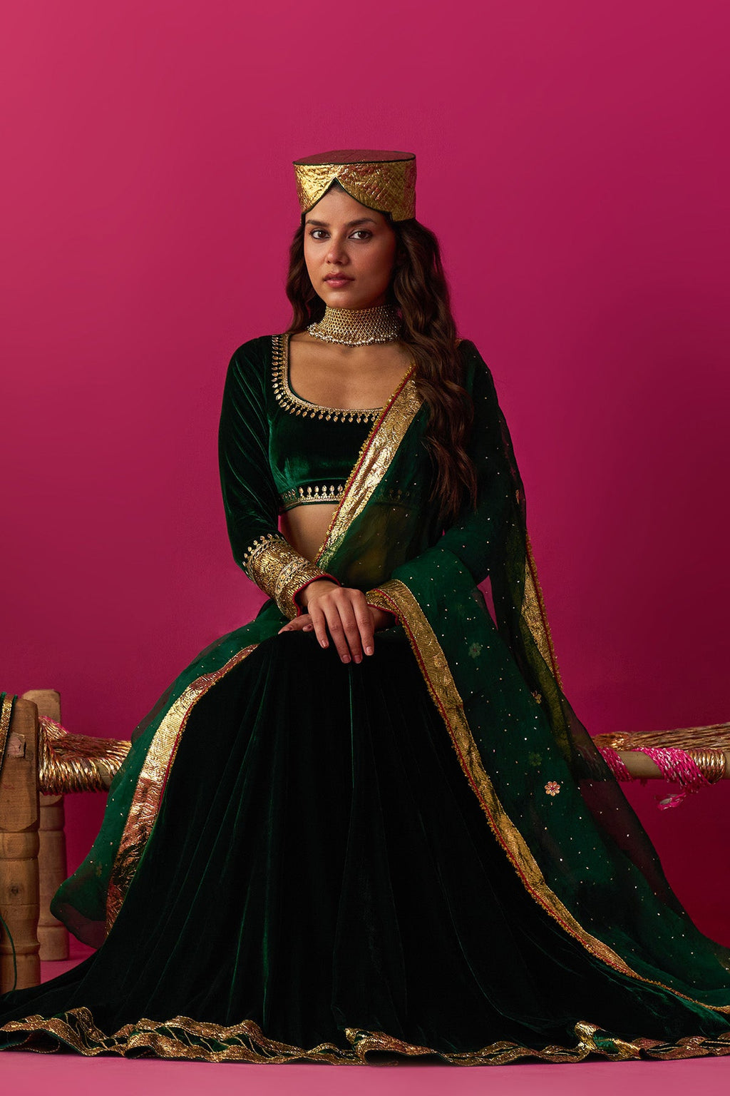 Nur green silk velvet green embroidered lehenga with blouse and dupatta (set of 3) - Ready to ship
