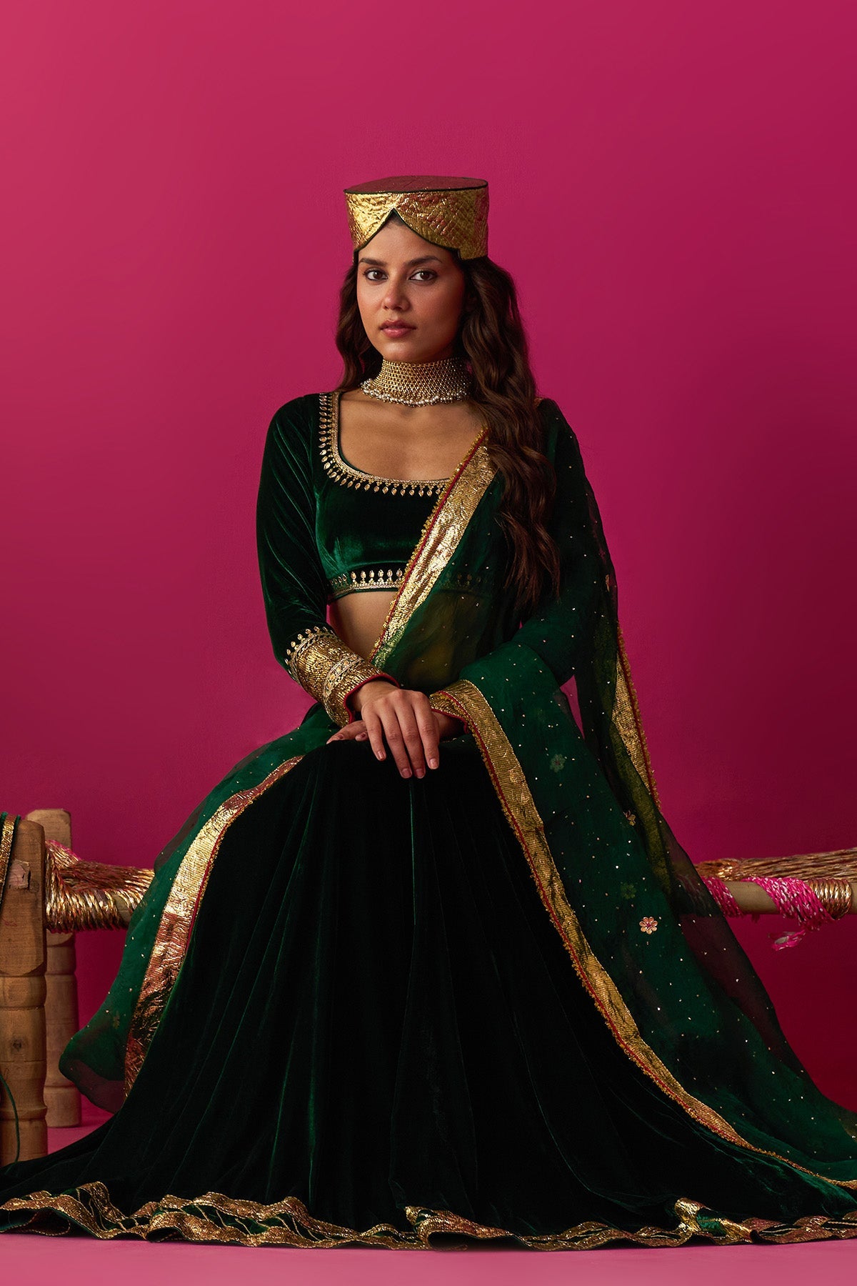 Nur green silk velvet green embroidered lehenga with blouse and dupatta (set of 3) - Ready to ship