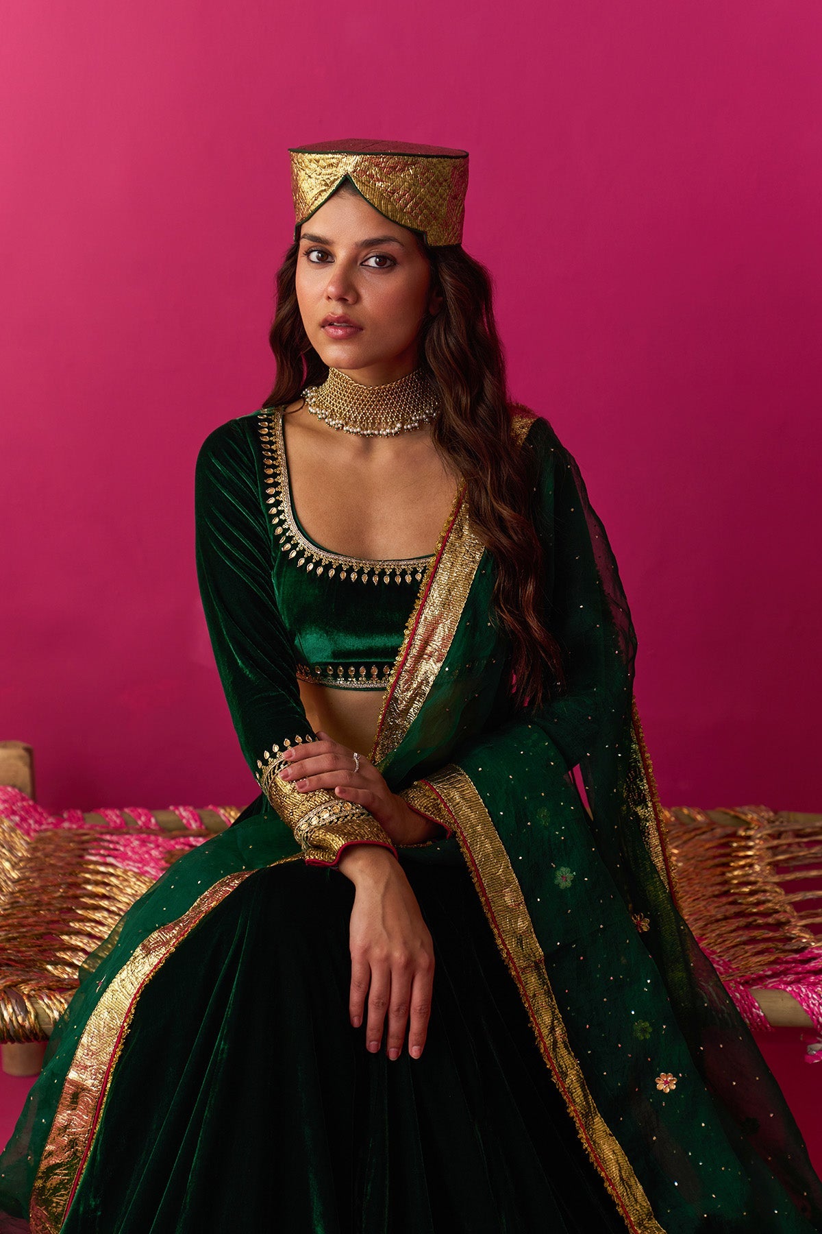 Nur green silk velvet green embroidered lehenga with blouse and dupatta (set of 3) - Ready to ship