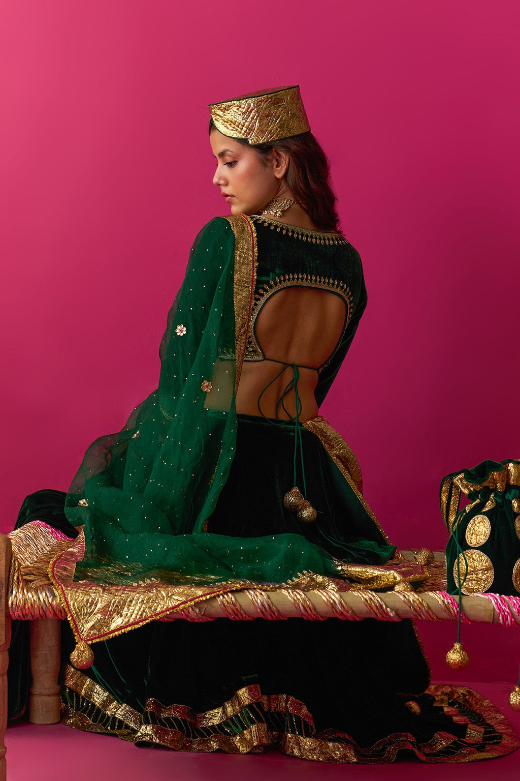 Nur green silk velvet green embroidered lehenga with blouse and dupatta (set of 3) - Ready to ship