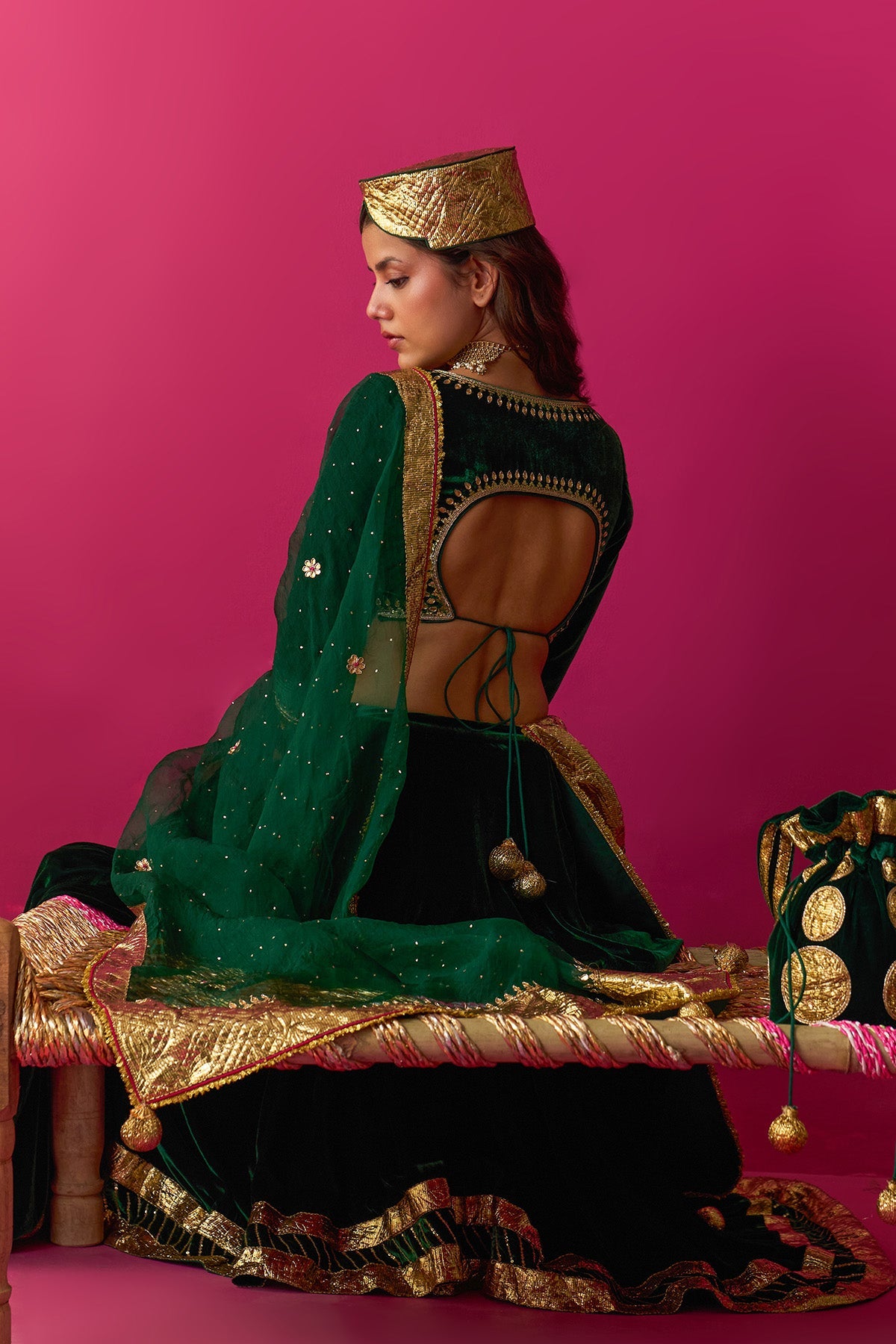 Nur green silk velvet green embroidered lehenga with blouse and dupatta (set of 3) - Ready to ship