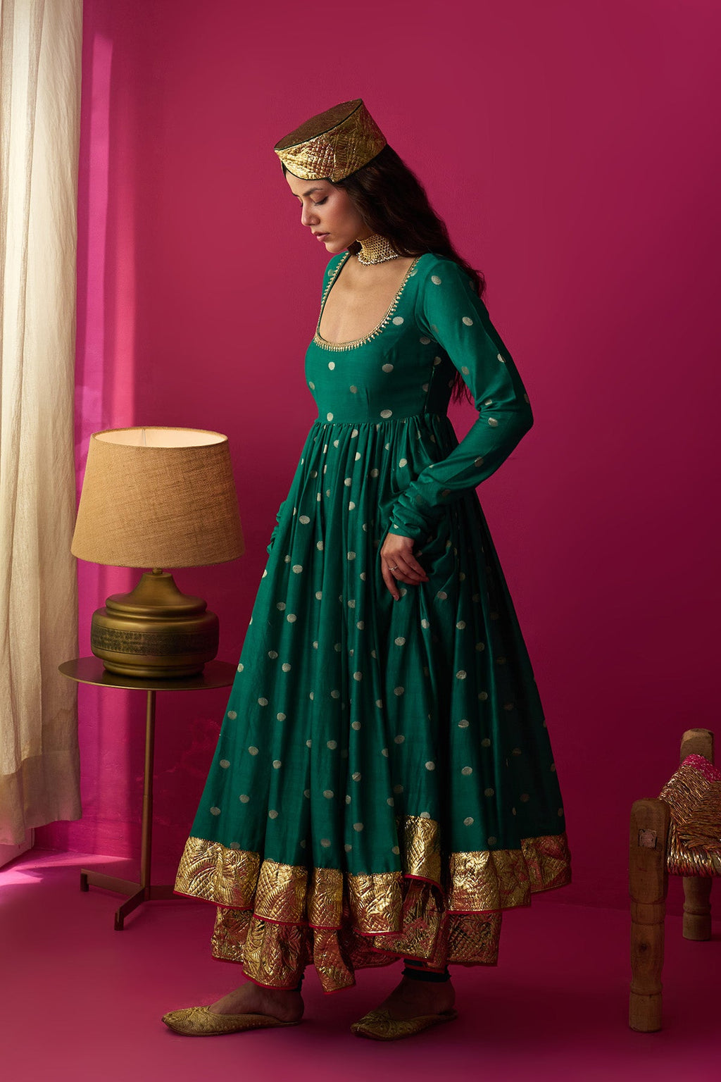 Nur green anarkali with chooridar and rani pink dupatta (set of 3) - Ready to ship