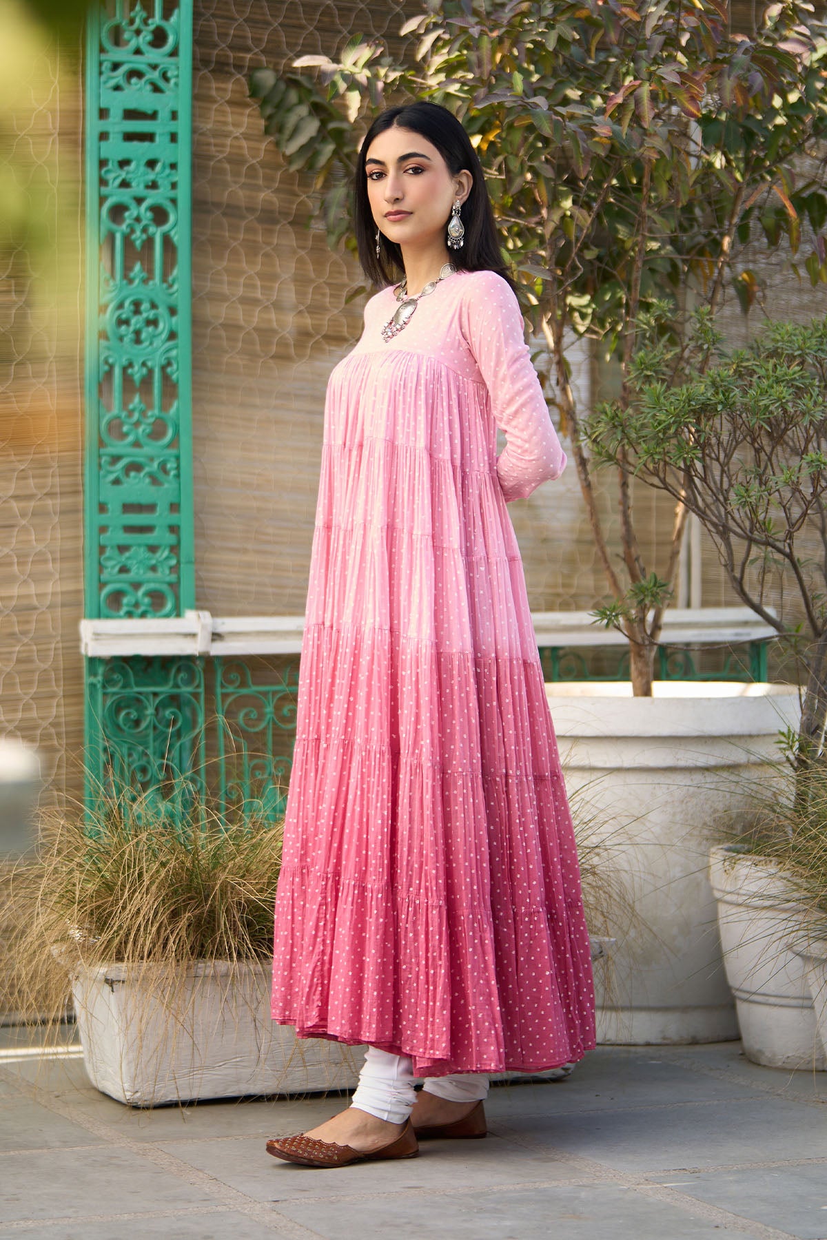 Ombre pink block printed tiered anarkali with chooridar and dupatta ( set of 3 ) - Ready to ship