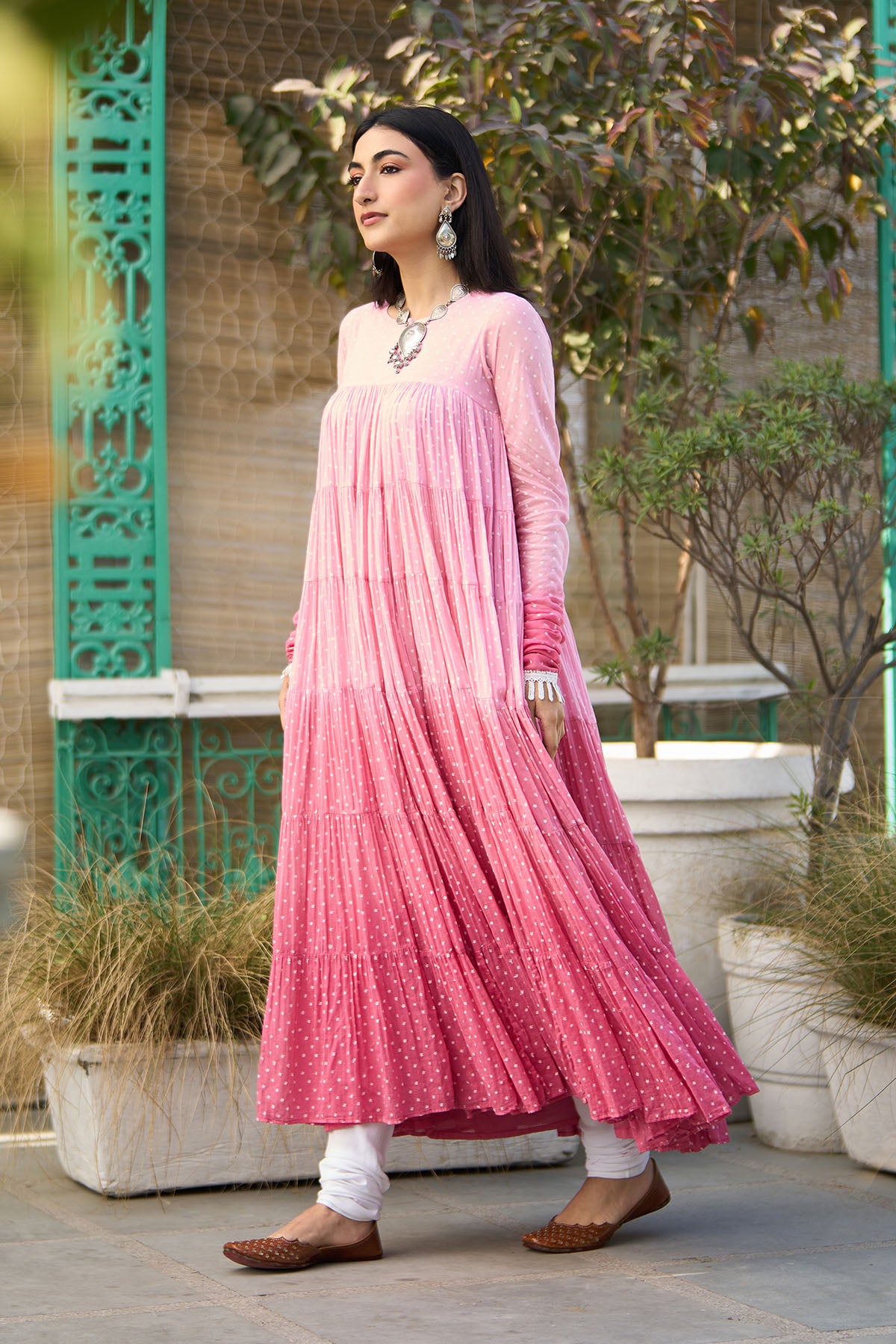 Ombre pink block printed tiered anarkali with chooridar and dupatta ( set of 3 ) - Ready to ship