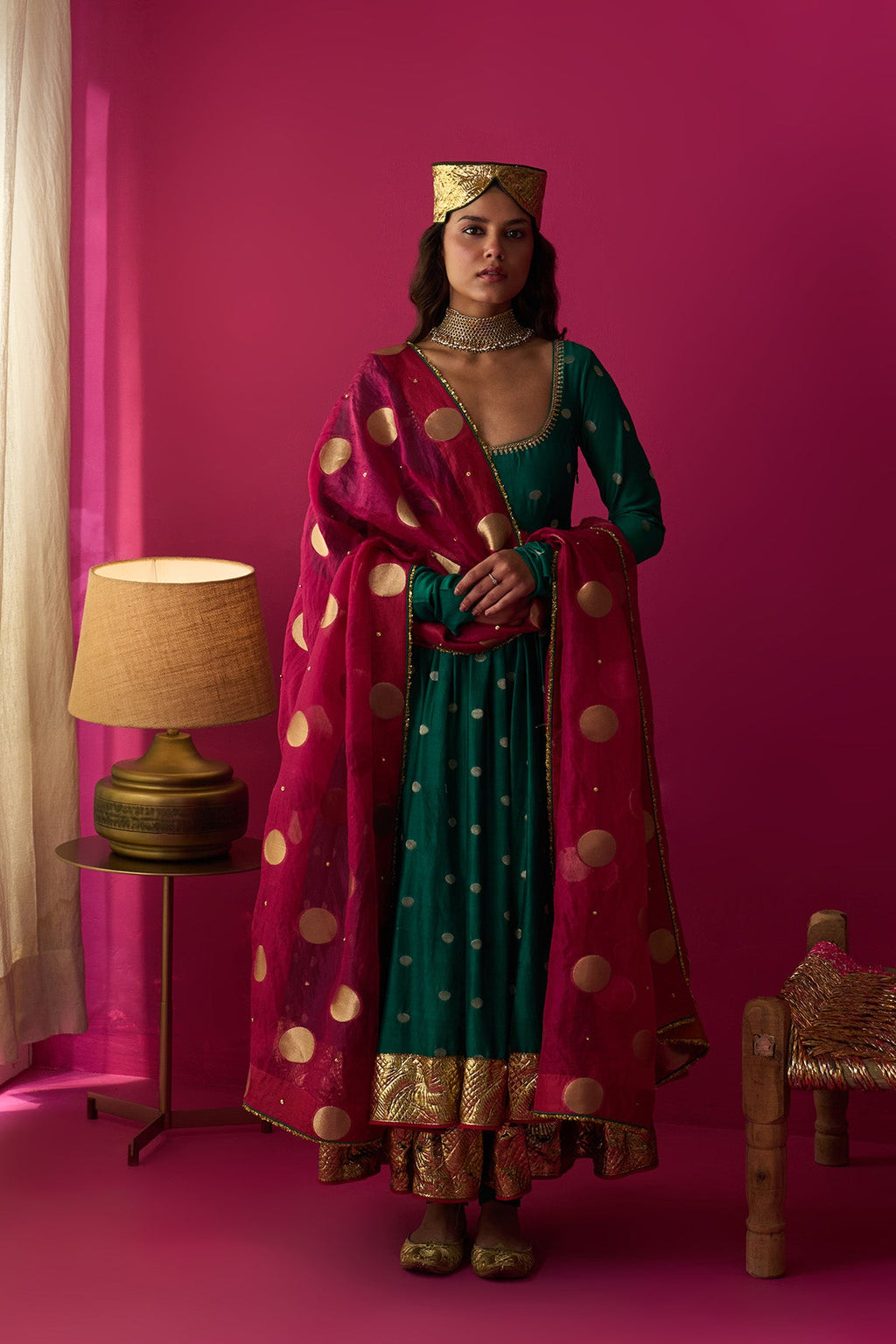 Nur green anarkali with chooridar and rani pink dupatta (set of 3) - Ready to ship
