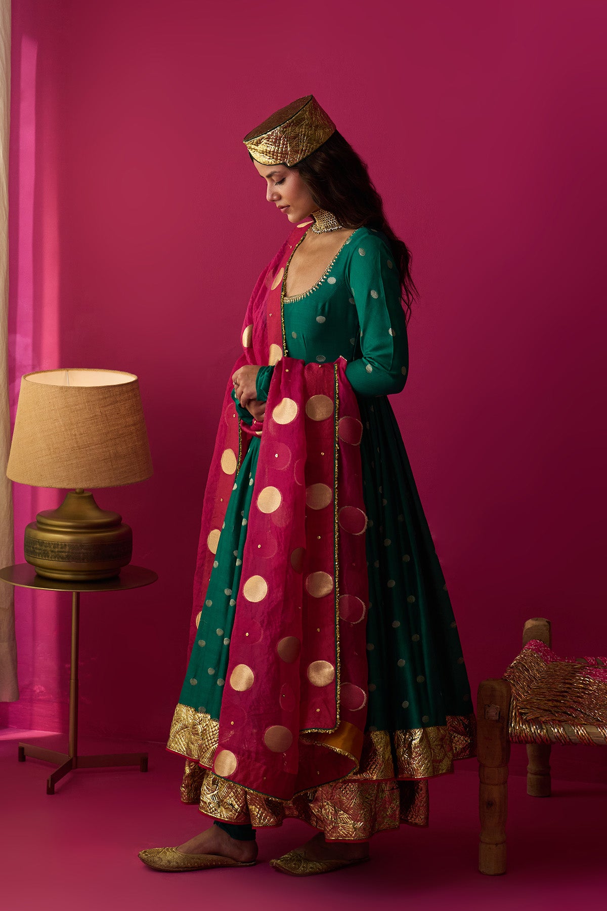 Nur green anarkali with chooridar and rani pink dupatta (set of 3) - Ready to ship