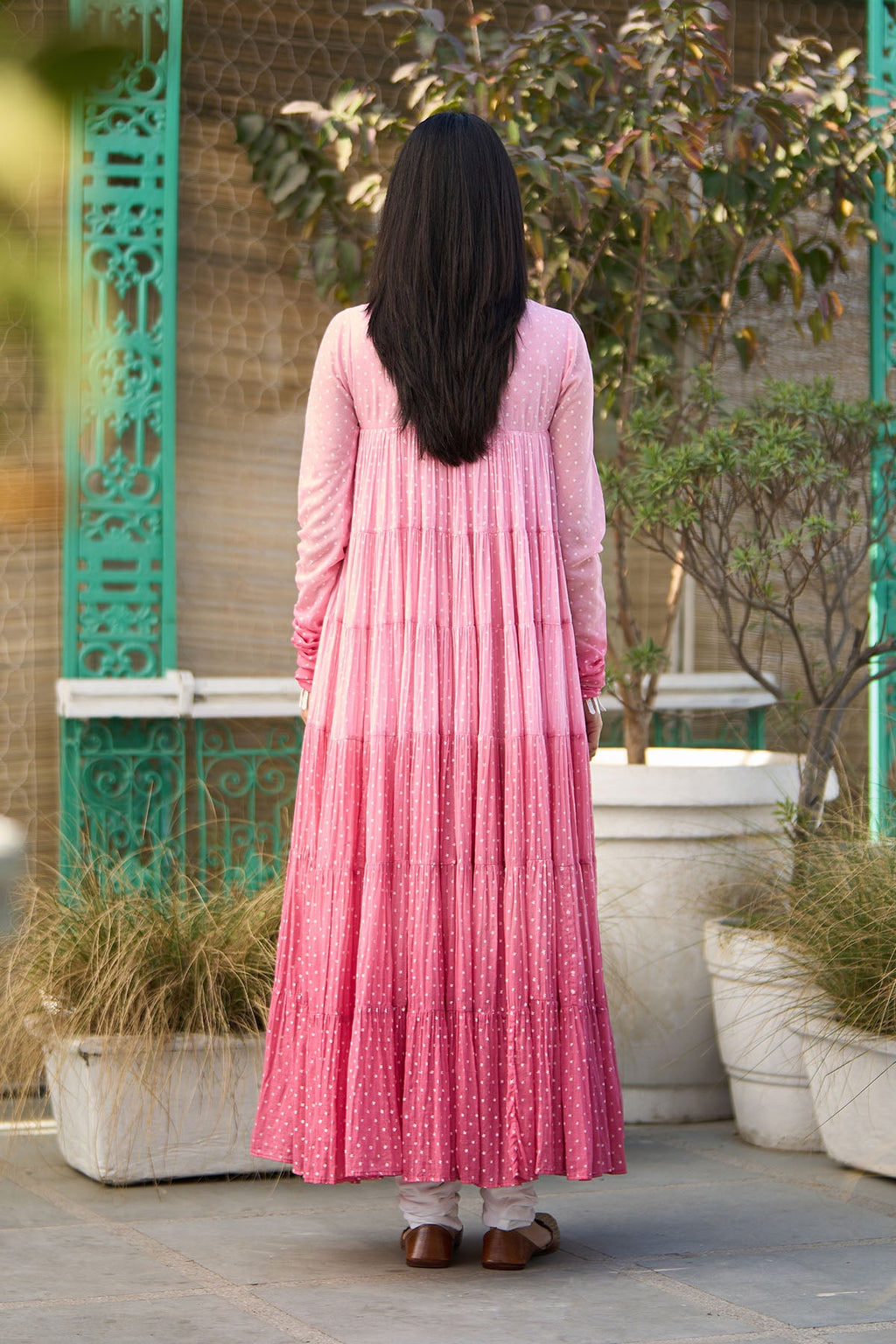 Ombre pink block printed tiered anarkali with chooridar and dupatta ( set of 3 ) - Ready to ship