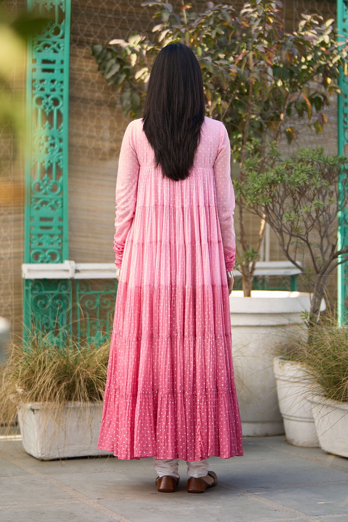 Ombre pink block printed tiered anarkali with chooridar and dupatta ( set of 3 ) - Ready to ship