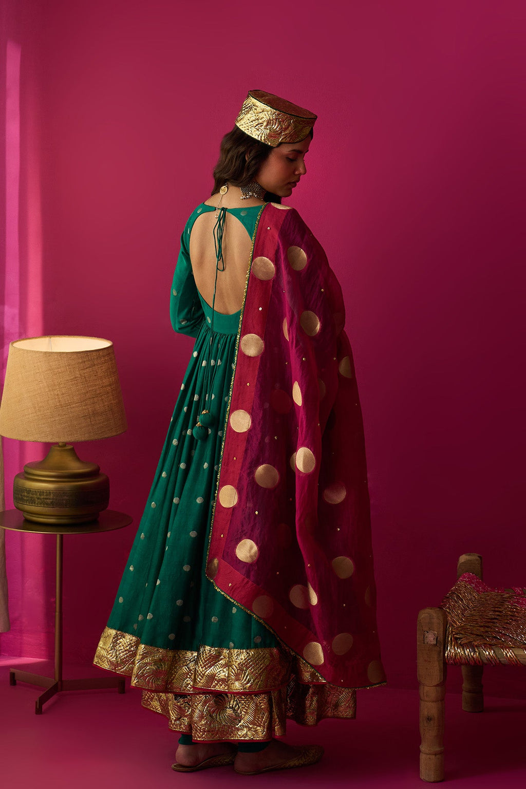Nur green anarkali with chooridar and rani pink dupatta (set of 3) - Ready to ship