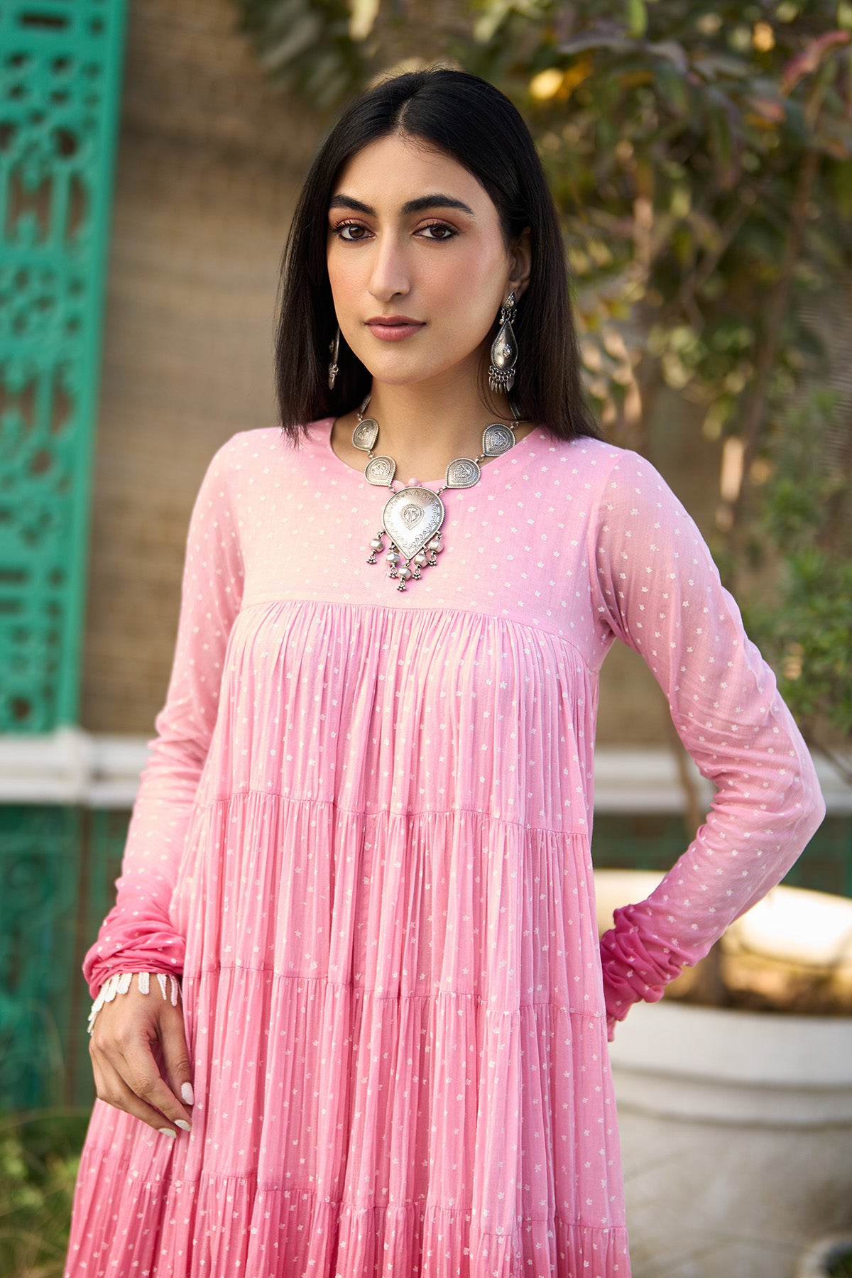 Ombre pink block printed tiered anarkali with chooridar and dupatta ( set of 3 ) - Ready to ship