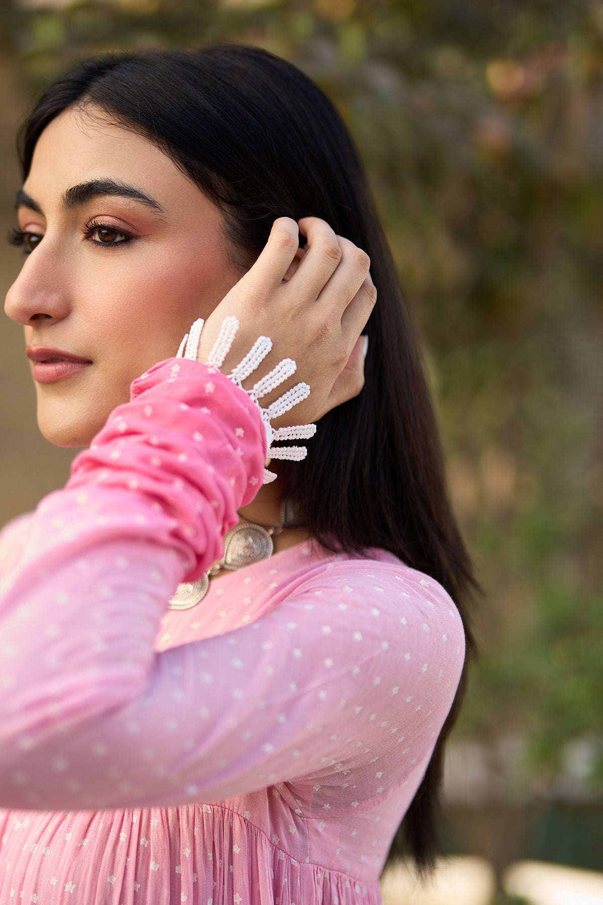 Ombre pink block printed tiered anarkali with chooridar and dupatta ( set of 3 ) - Ready to ship