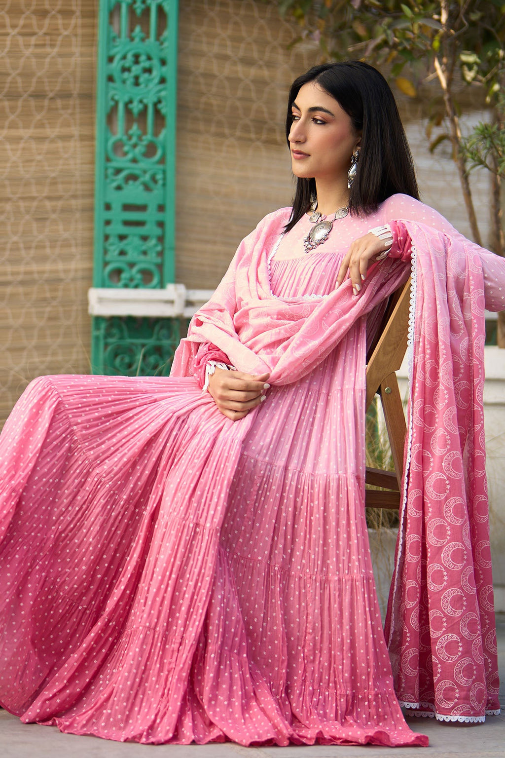 Ombre pink block printed tiered anarkali with chooridar and dupatta ( set of 3 ) - Ready to ship