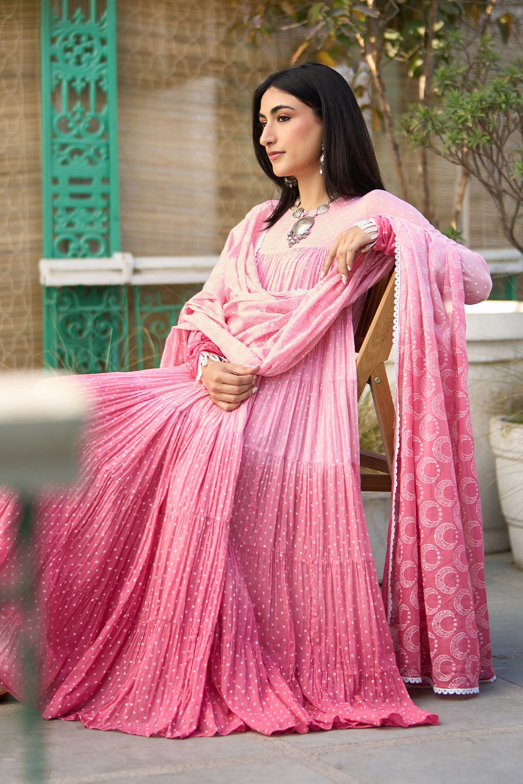 Ombre pink block printed tiered anarkali with chooridar and dupatta ( set of 3 ) - Ready to ship