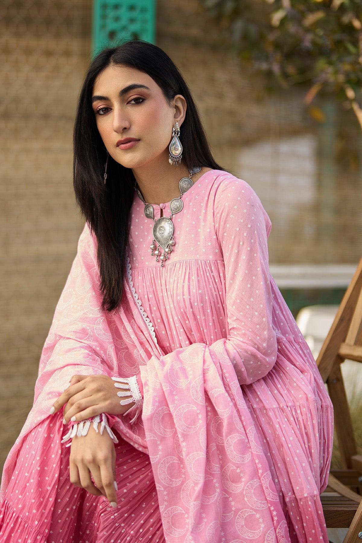 Ombre pink block printed tiered anarkali with chooridar and dupatta ( set of 3 ) - Ready to ship