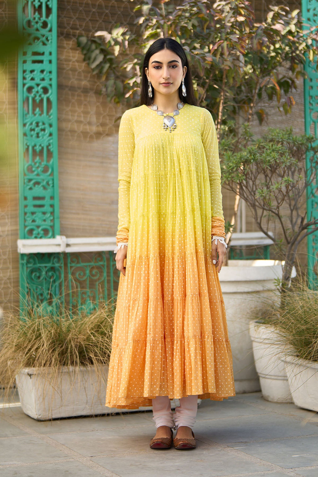 Ombre yellow block printed tiered anarkali with chooridar and dupatta ( set of 3 ) - Ready to ship