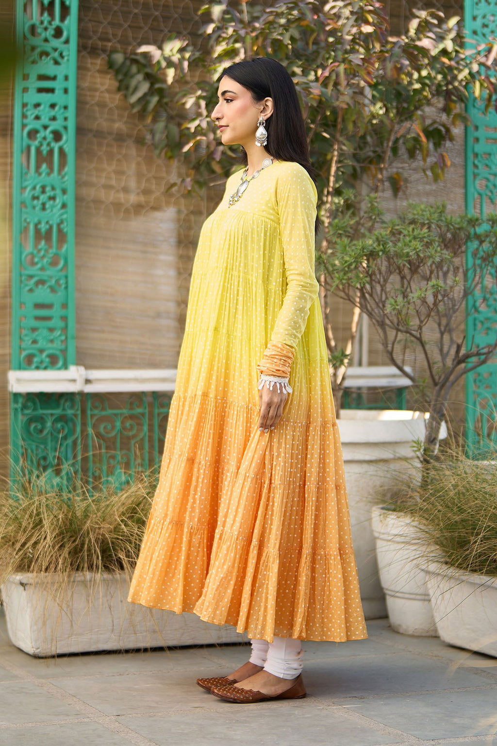 Ombre yellow block printed tiered anarkali with chooridar and dupatta ( set of 3 ) - Ready to ship