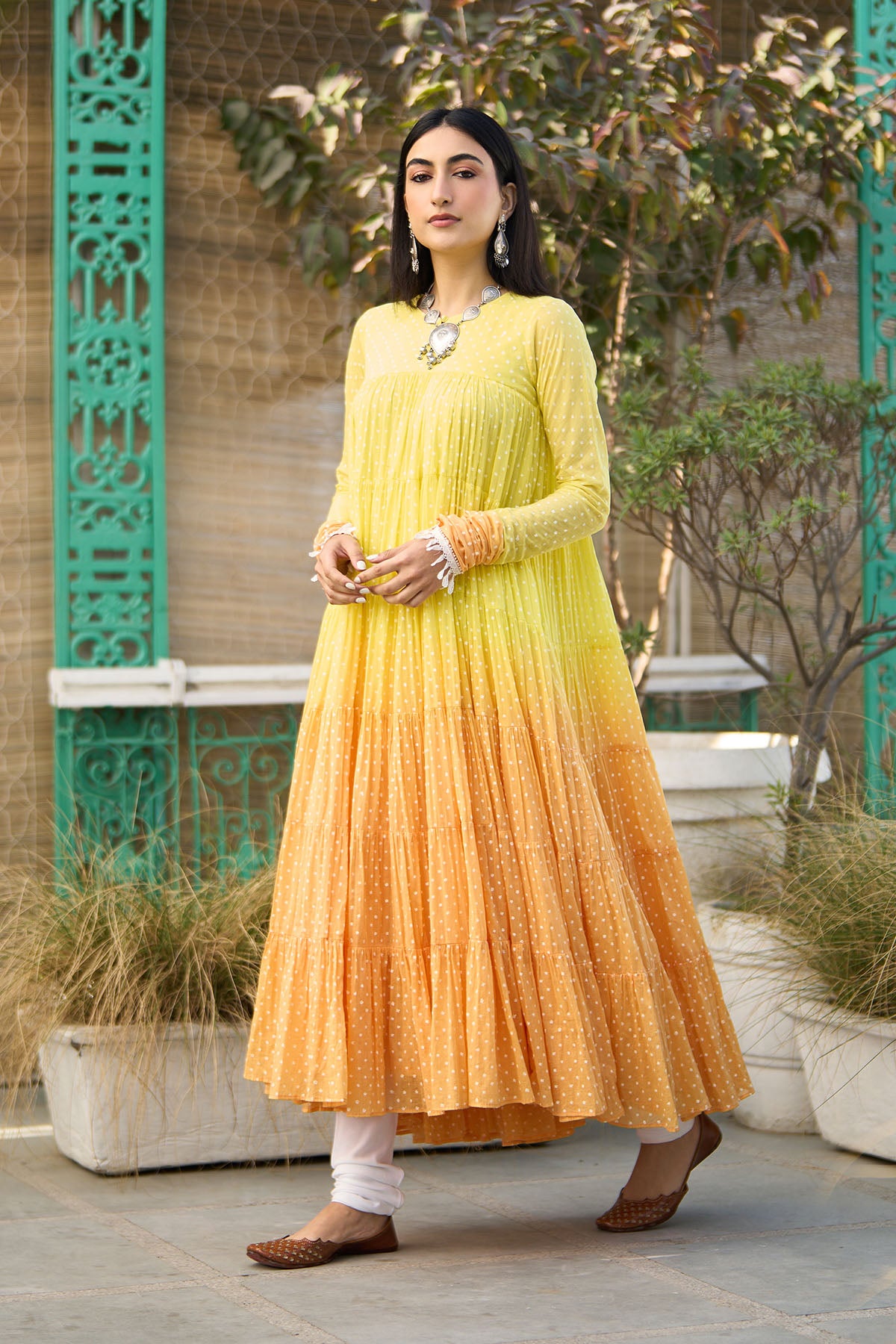 Ombre yellow block printed tiered anarkali with chooridar and dupatta ( set of 3 ) - Ready to ship