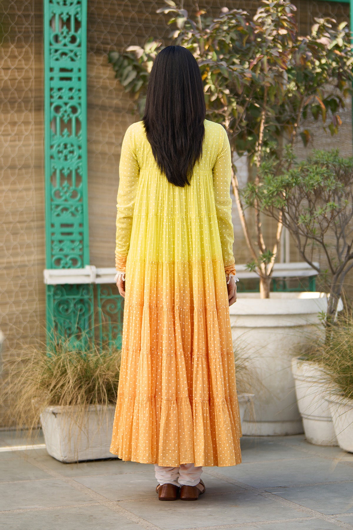 Ombre yellow block printed tiered anarkali with chooridar and dupatta ( set of 3 ) - Ready to ship