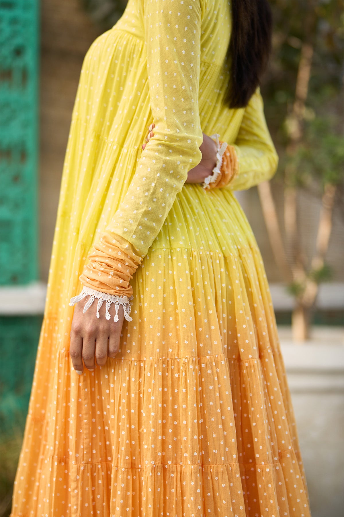 Ombre yellow block printed tiered anarkali with chooridar and dupatta ( set of 3 ) - Ready to ship