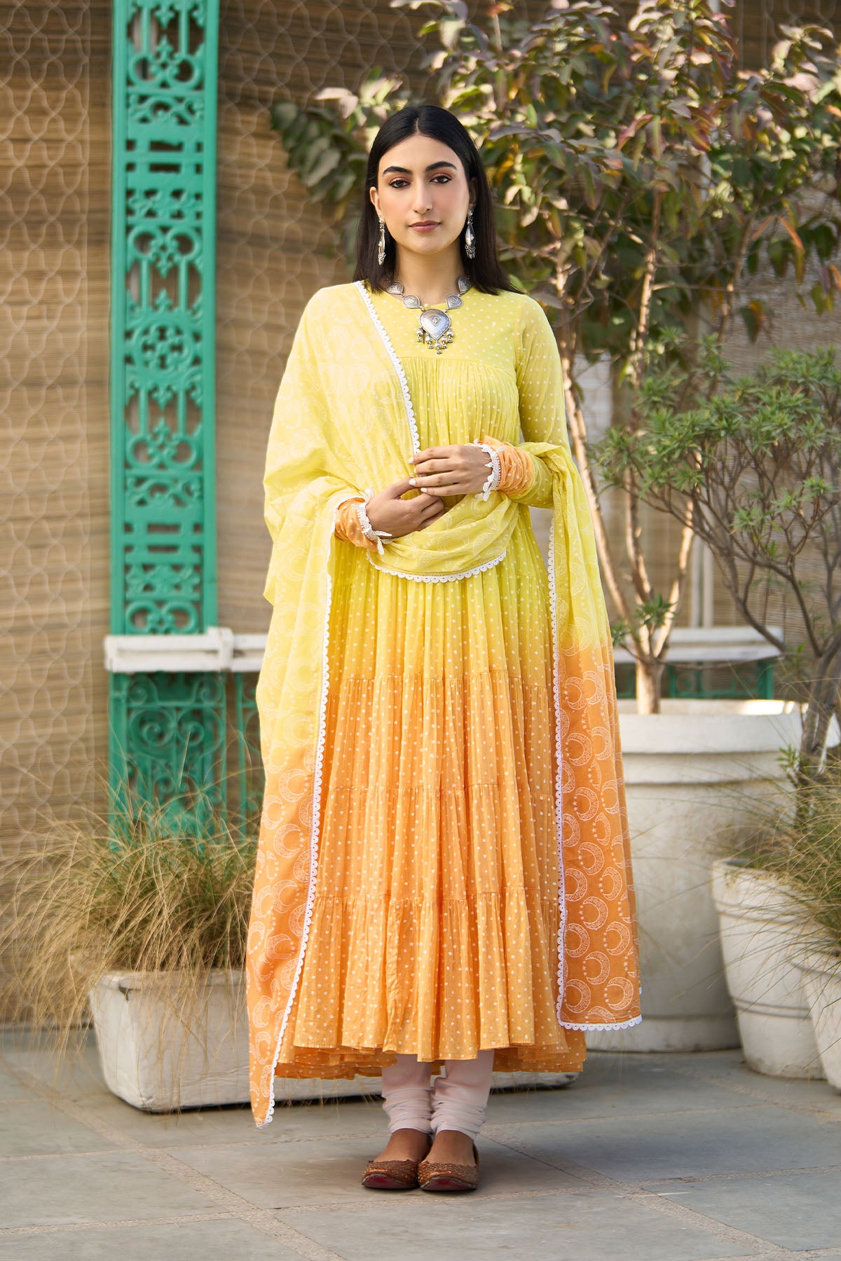 Ombre yellow block printed tiered anarkali with chooridar and dupatta ( set of 3 ) - Ready to ship