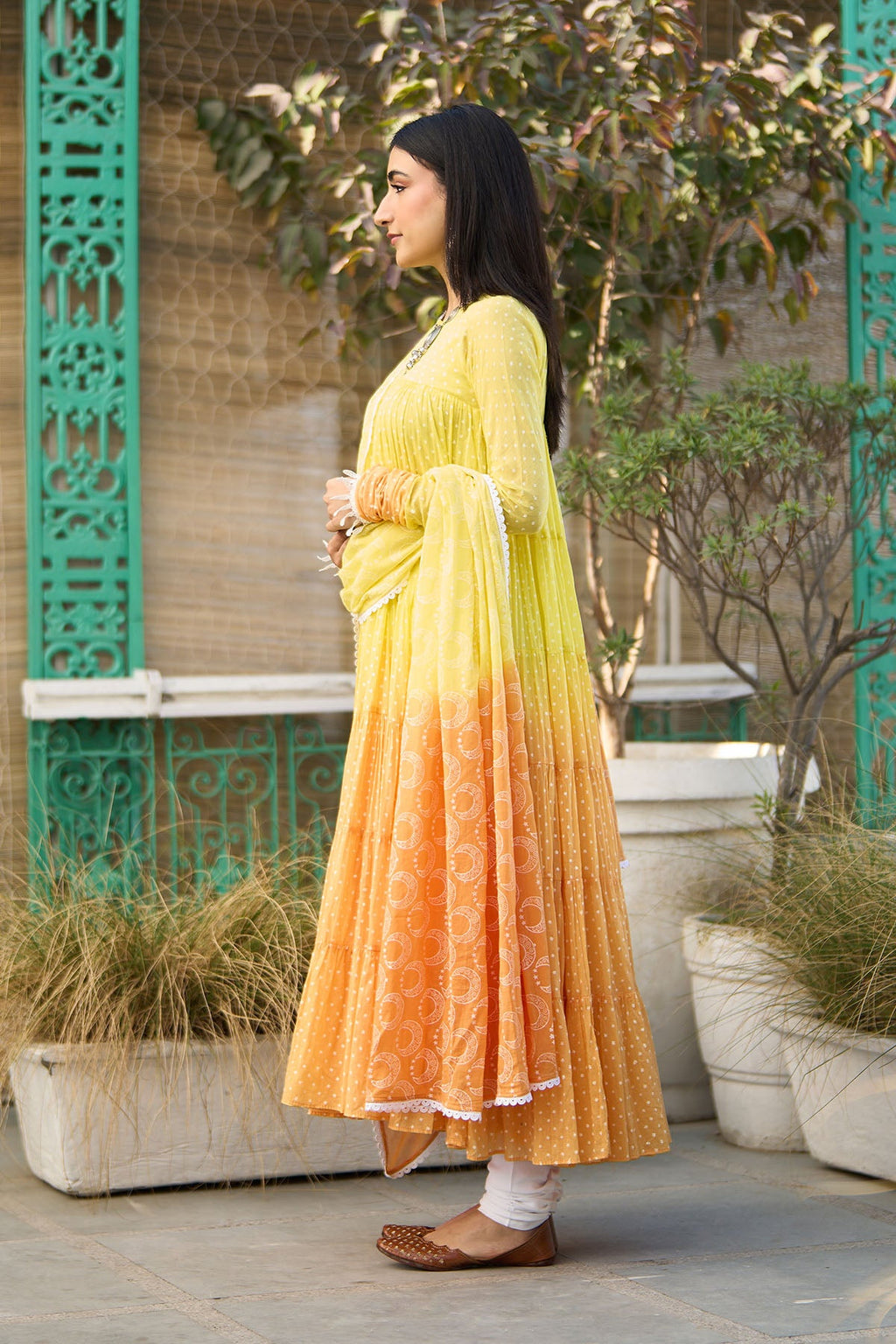Ombre yellow block printed tiered anarkali with chooridar and dupatta ( set of 3 ) - Ready to ship