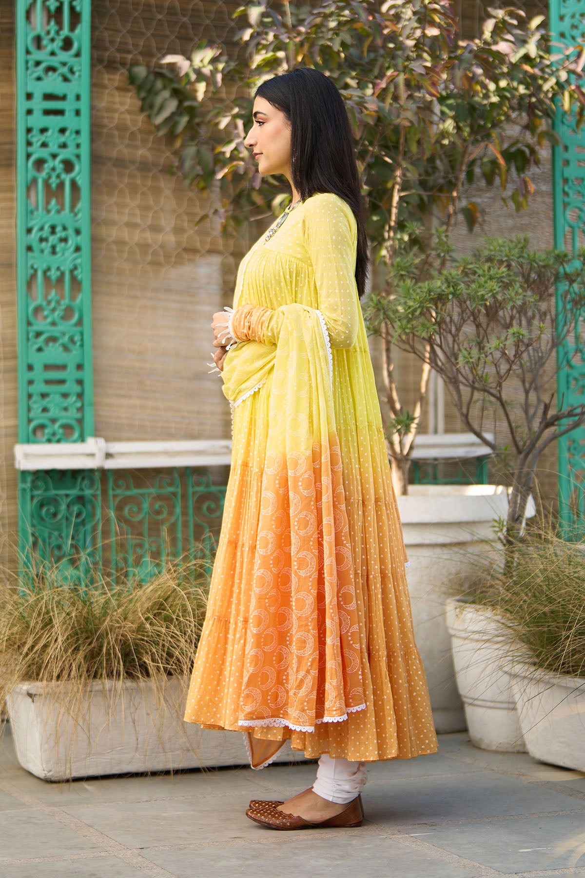 Ombre yellow block printed tiered anarkali with chooridar and dupatta ( set of 3 ) - Ready to ship