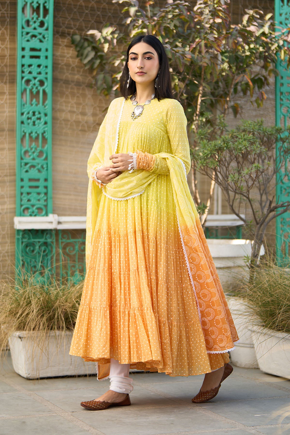 Ombre yellow block printed tiered anarkali with chooridar and dupatta ( set of 3 ) - Ready to ship