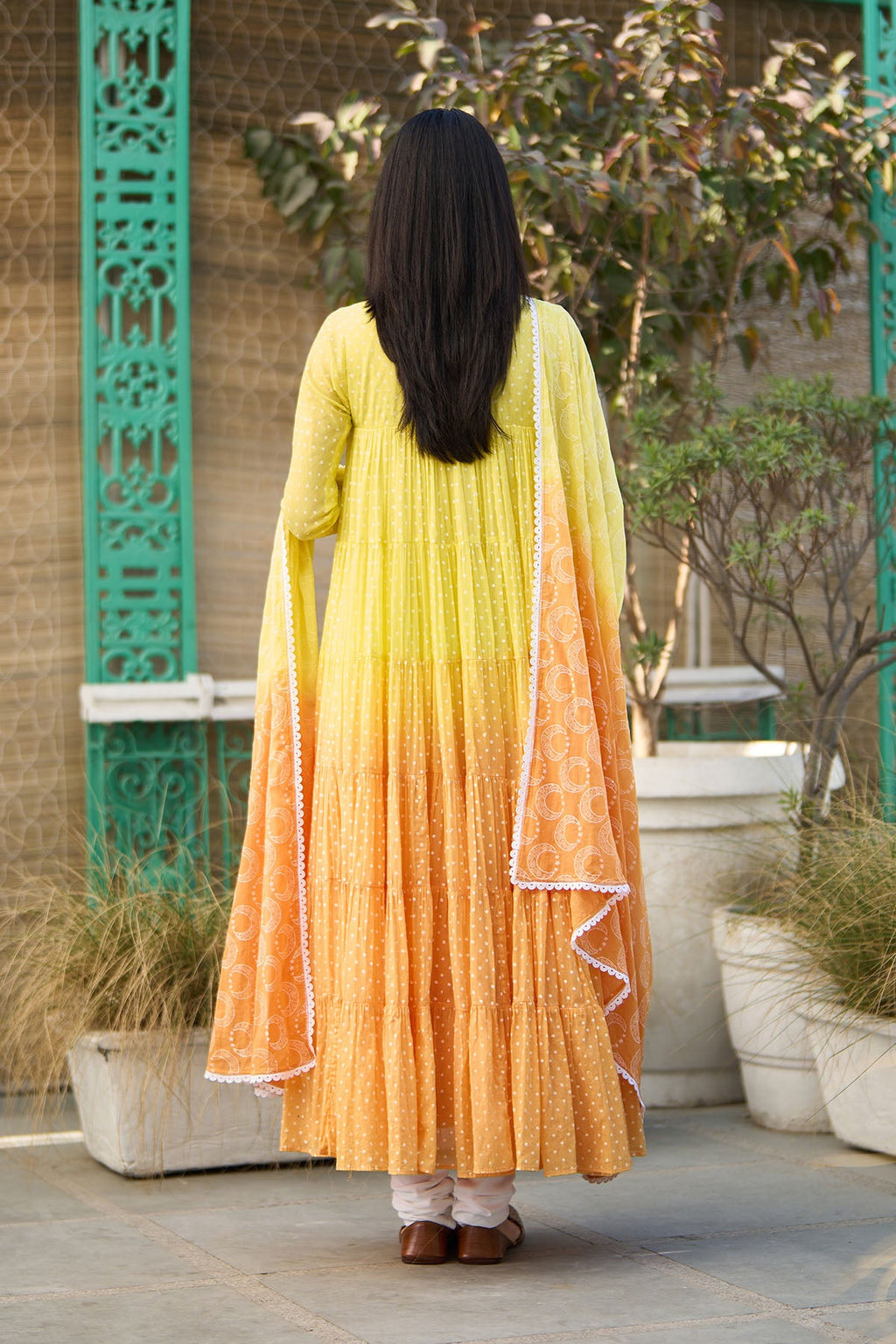 Ombre yellow block printed tiered anarkali with chooridar and dupatta ( set of 3 ) - Ready to ship