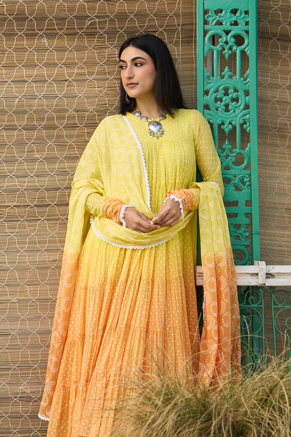 Ombre yellow block printed tiered anarkali with chooridar and dupatta ( set of 3 ) - Ready to ship
