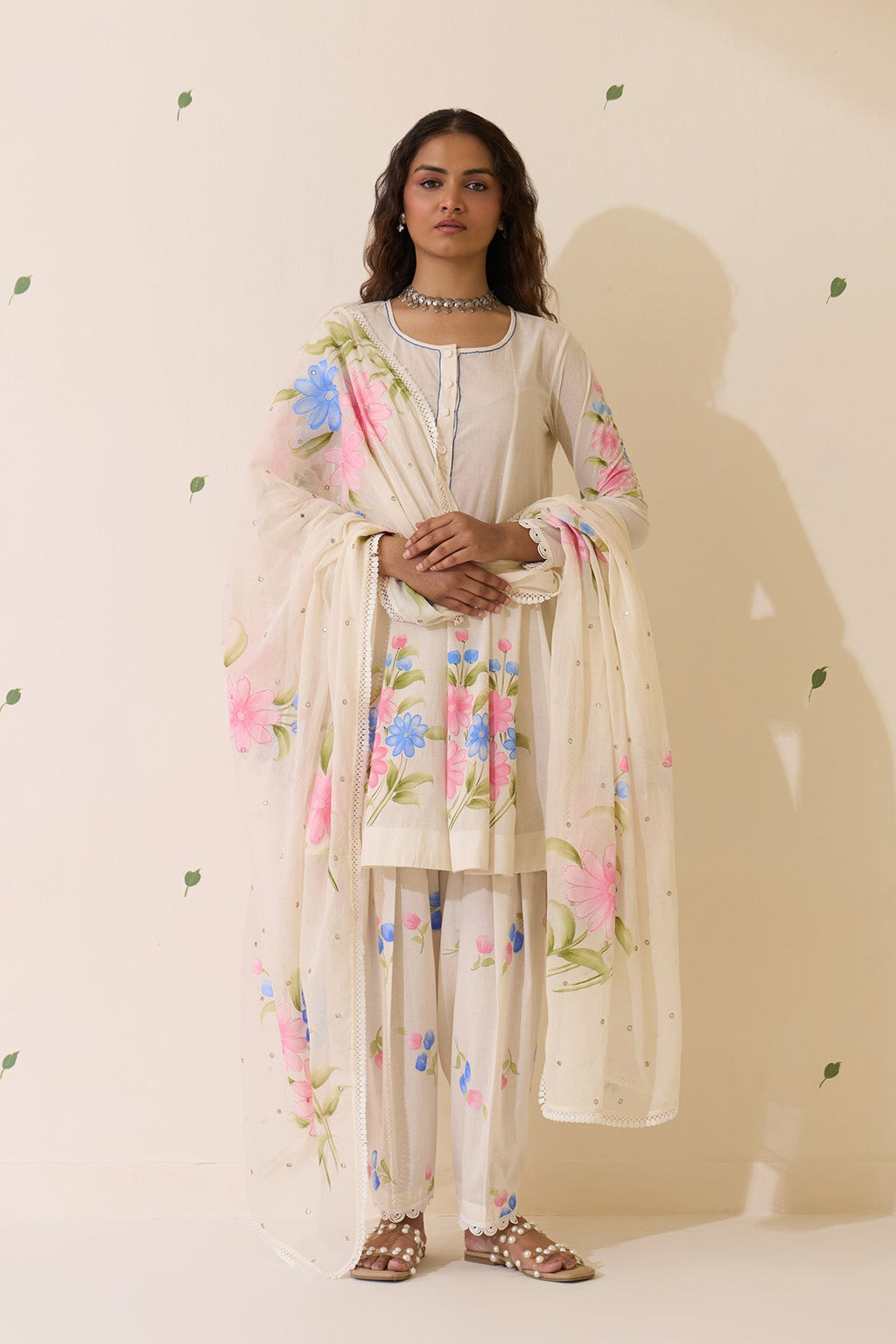 Mehraz Handpaint off white Short anarkali with salwar  and dupatta ( set of 3 ) - Ready to ship