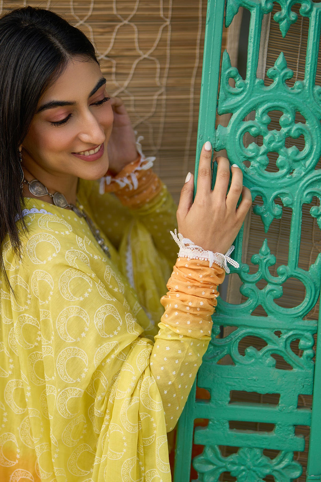 Ombre yellow block printed tiered anarkali with chooridar and dupatta ( set of 3 ) - Ready to ship