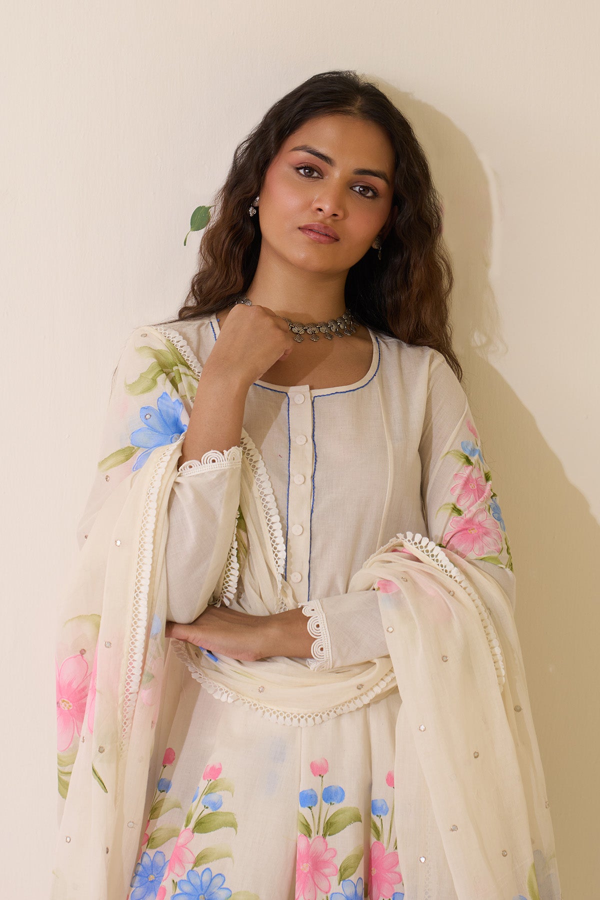 Mehraz Handpaint off white Short anarkali with salwar  and dupatta ( set of 3 ) - Ready to ship