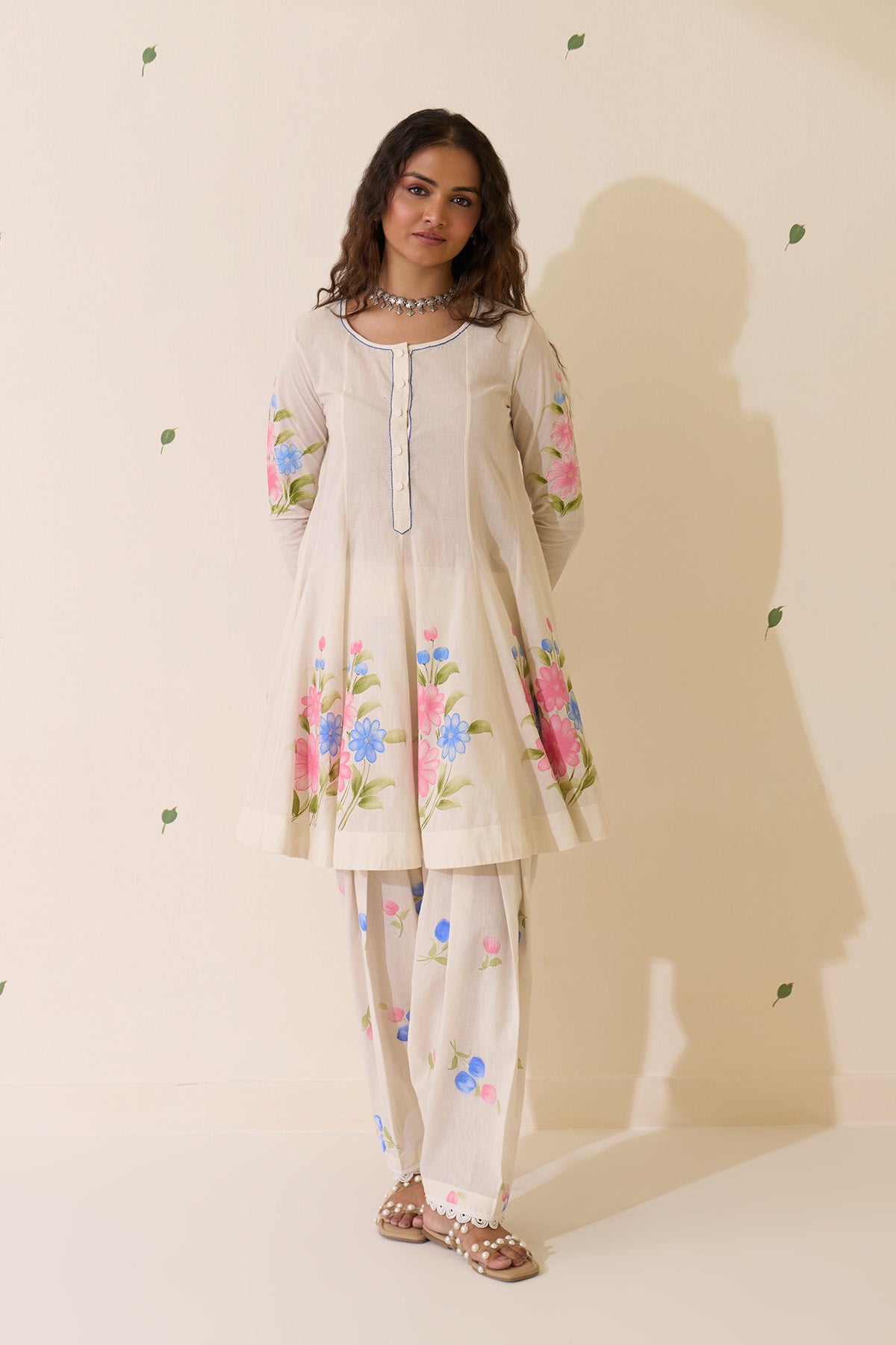 Mehraz Handpaint off white Short anarkali with salwar  and dupatta ( set of 3 ) - Ready to ship