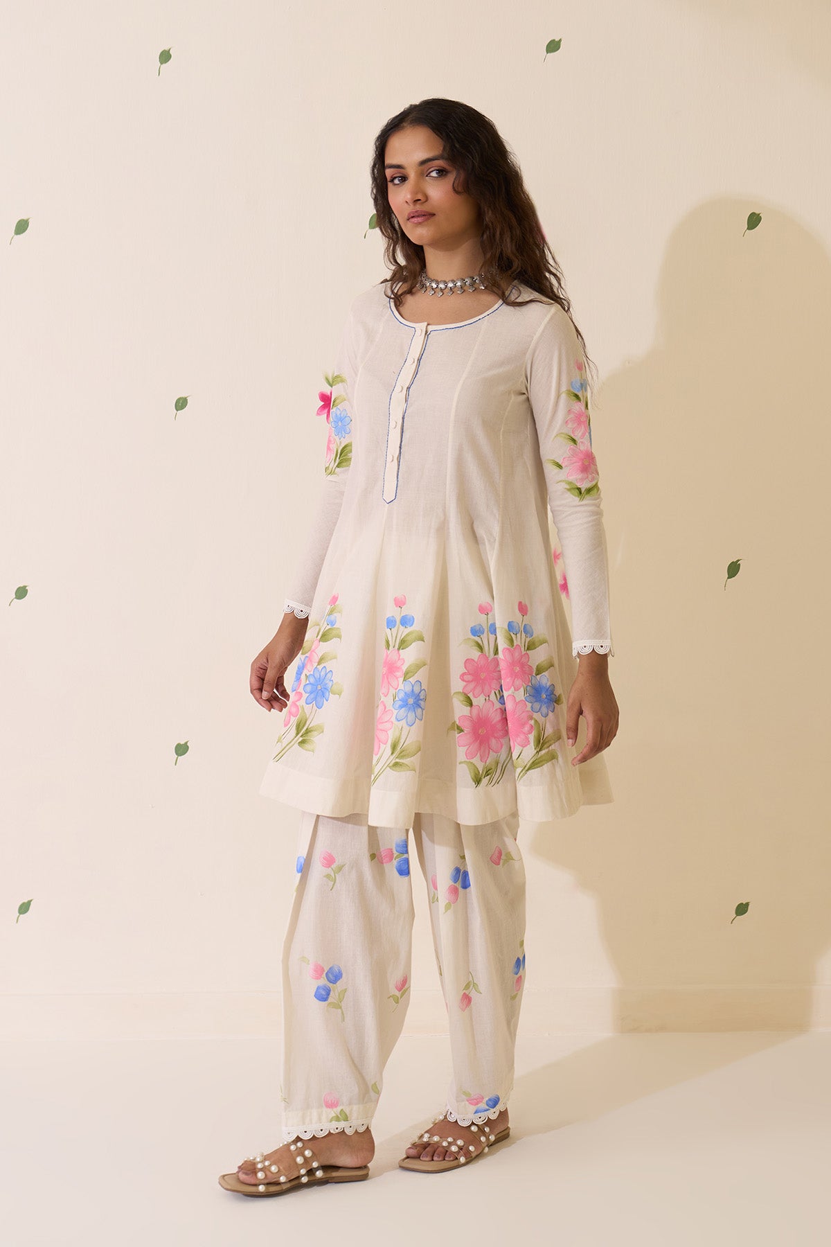 Mehraz Handpaint off white Short anarkali with salwar  and dupatta ( set of 3 ) - Ready to ship