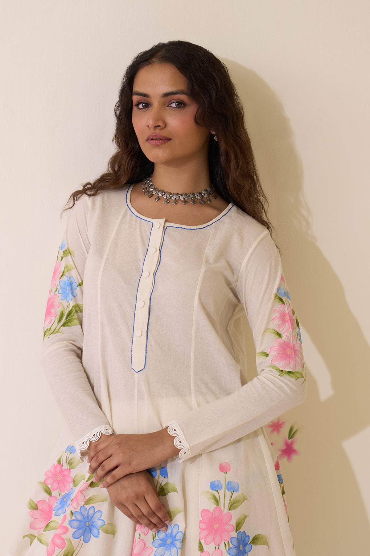 Mehraz Handpaint off white Short anarkali with salwar  and dupatta ( set of 3 ) - Ready to ship