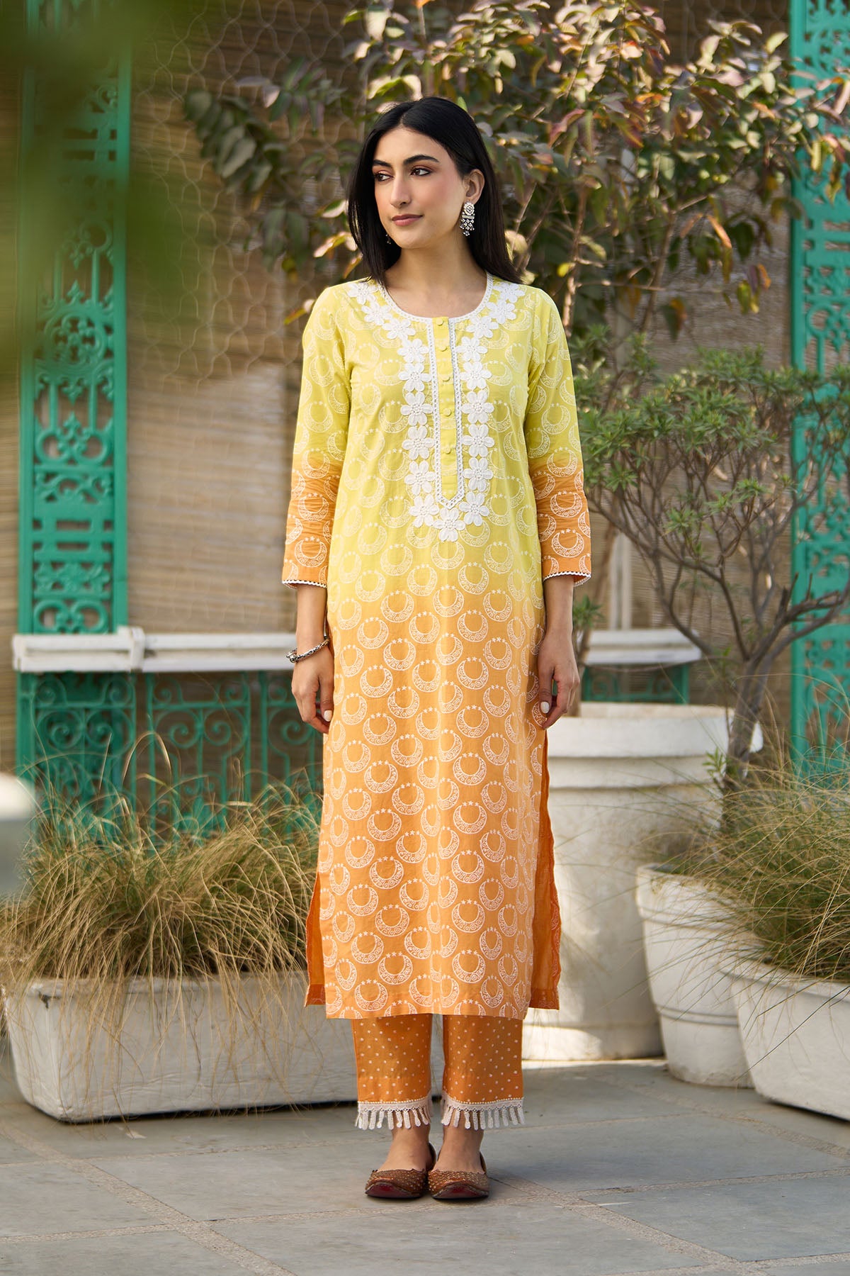 Ombre yellow block printed straight kurta with palazzo and dupatta ( set of  3 ) - Ready to ship