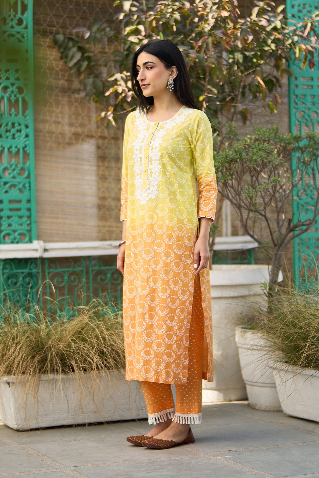 Ombre yellow block printed straight kurta with palazzo and dupatta ( set of  3 ) - Ready to ship