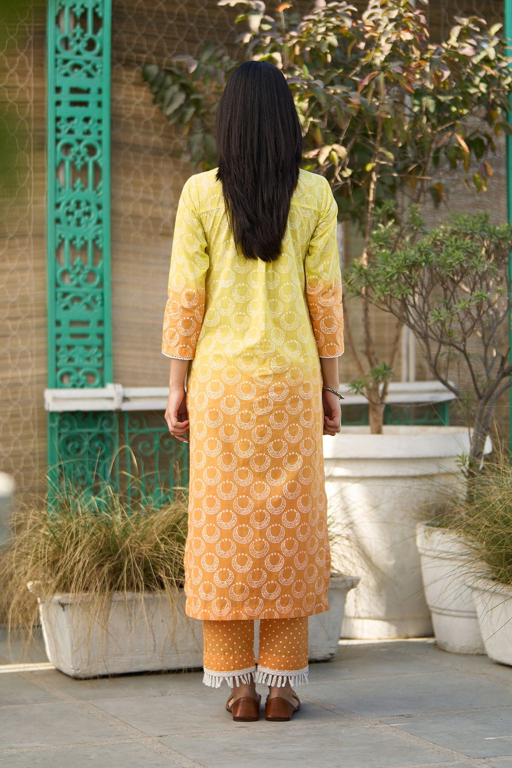 Ombre yellow block printed straight kurta with palazzo and dupatta ( set of  3 ) - Ready to ship