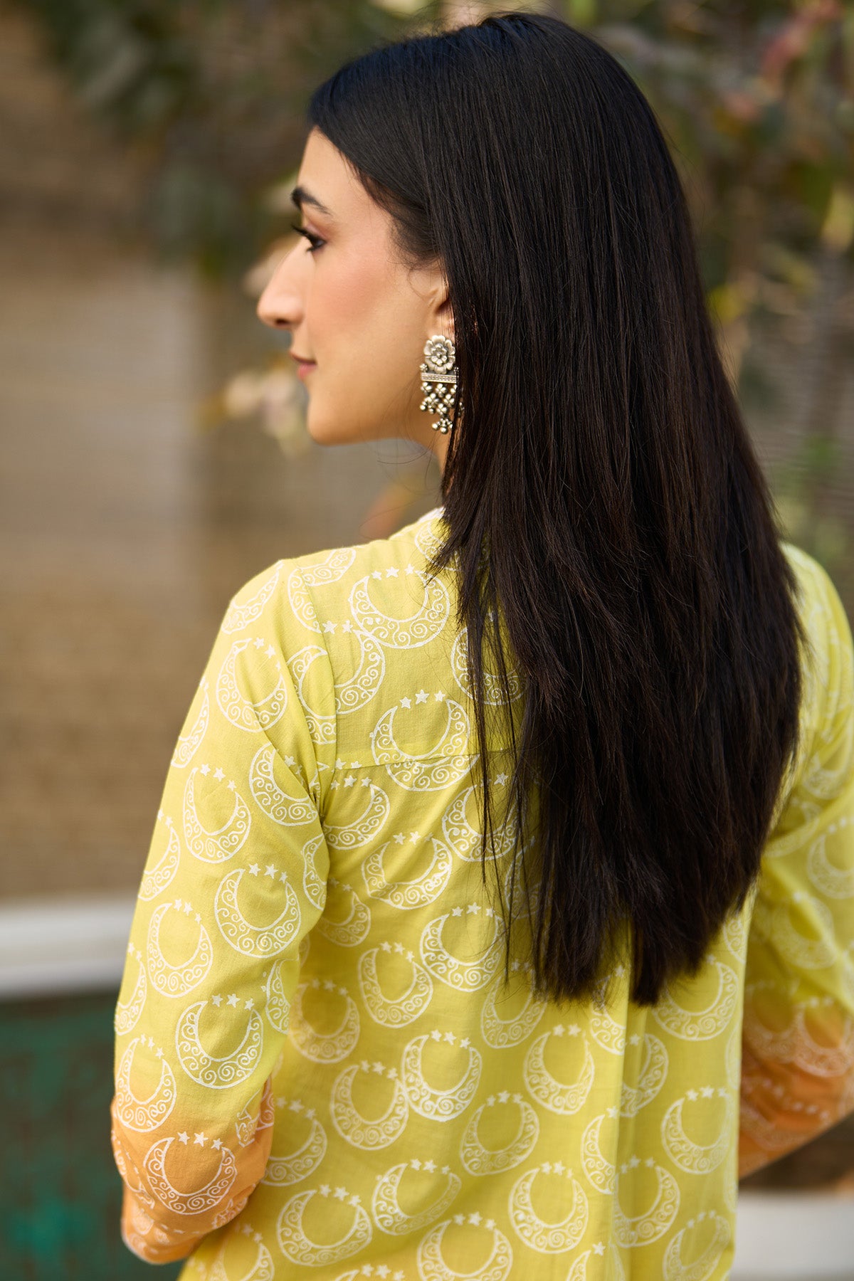 Ombre yellow block printed straight kurta with palazzo and dupatta ( set of  3 ) - Ready to ship