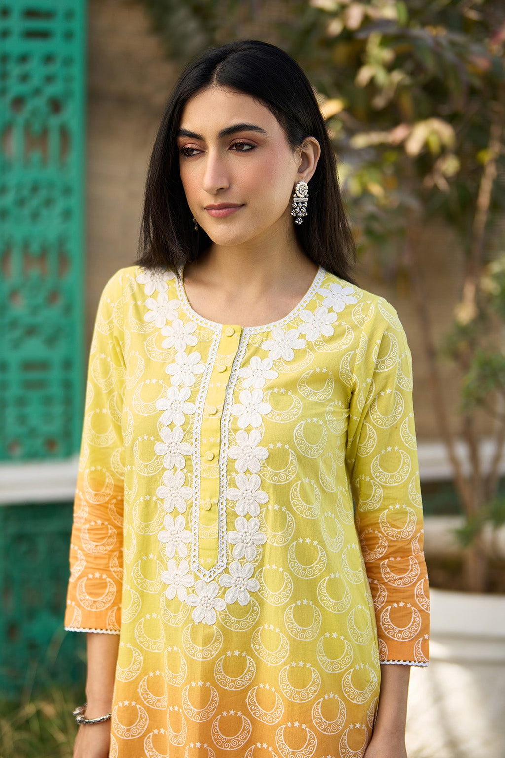 Ombre yellow block printed straight kurta with palazzo and dupatta ( set of  3 ) - Ready to ship