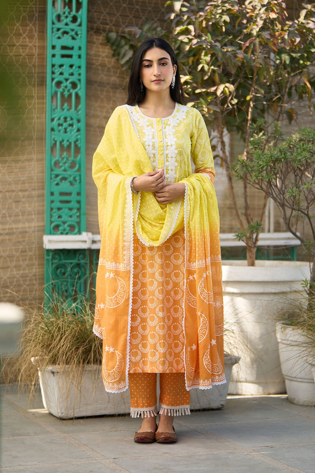 Ombre yellow block printed straight kurta with palazzo and dupatta ( set of  3 ) - Ready to ship