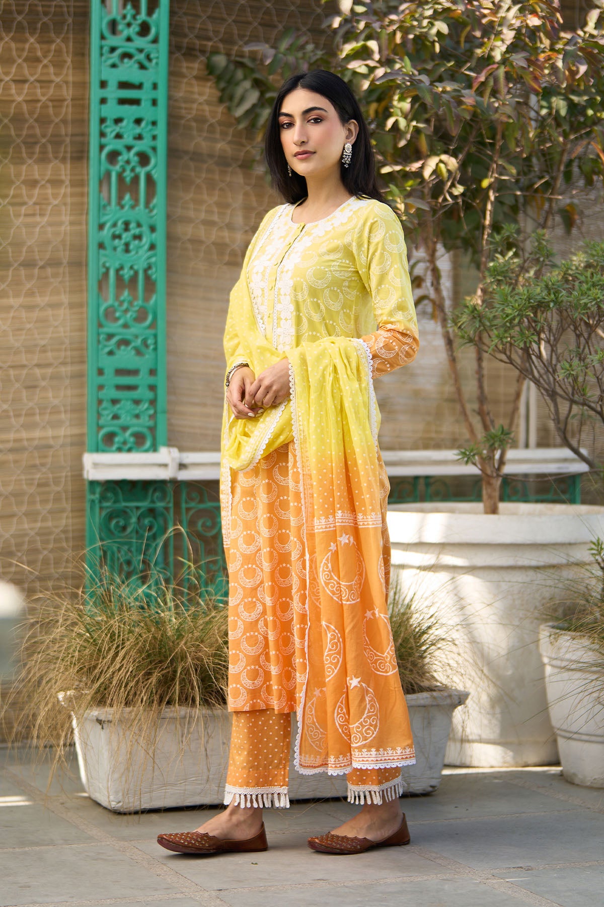 Ombre yellow block printed straight kurta with palazzo and dupatta ( set of  3 ) - Ready to ship
