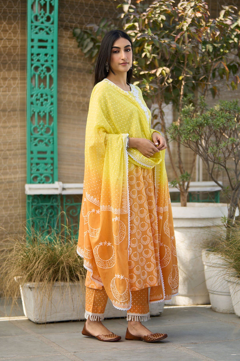 Ombre yellow block printed straight kurta with palazzo and dupatta ( set of  3 ) - Ready to ship