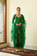 Saanjh Green Silk Handpaint Sweetheart Kurta With Palazzo And Dupatta ( Set Of 3)