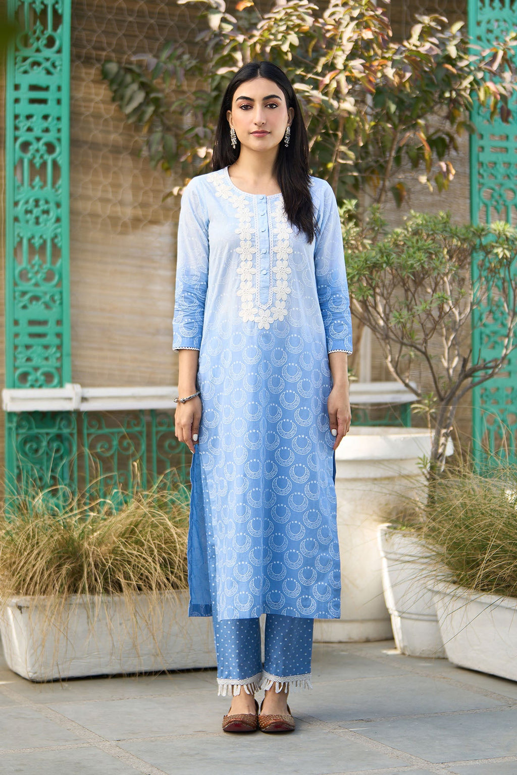 Ombre blue block printed straight kurta with palazzo and dupatta ( set of  3 ) - Ready to ship