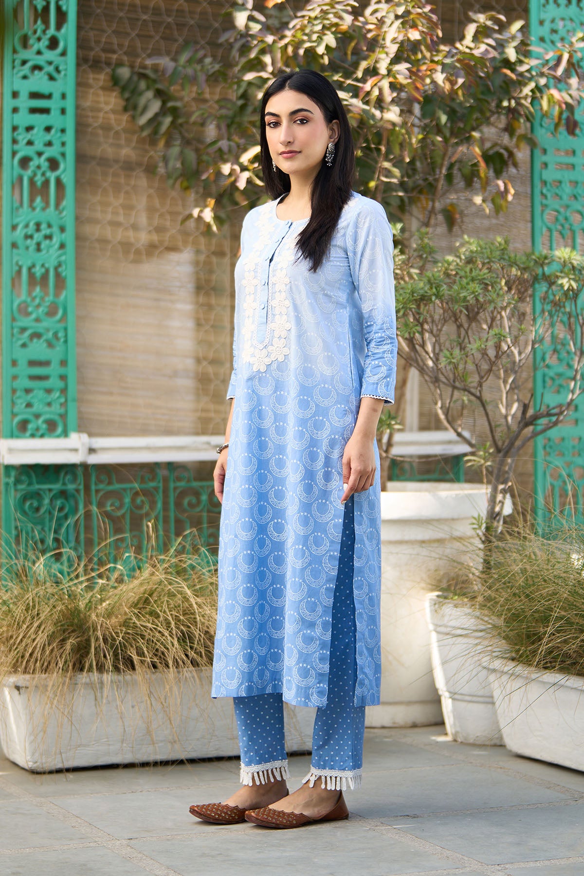 Ombre blue block printed straight kurta with palazzo and dupatta ( set of  3 ) - Ready to ship