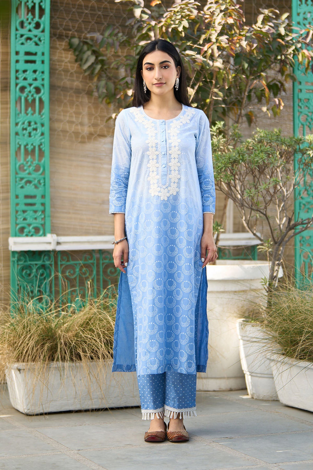 Ombre blue block printed straight kurta with palazzo and dupatta ( set of  3 ) - Ready to ship