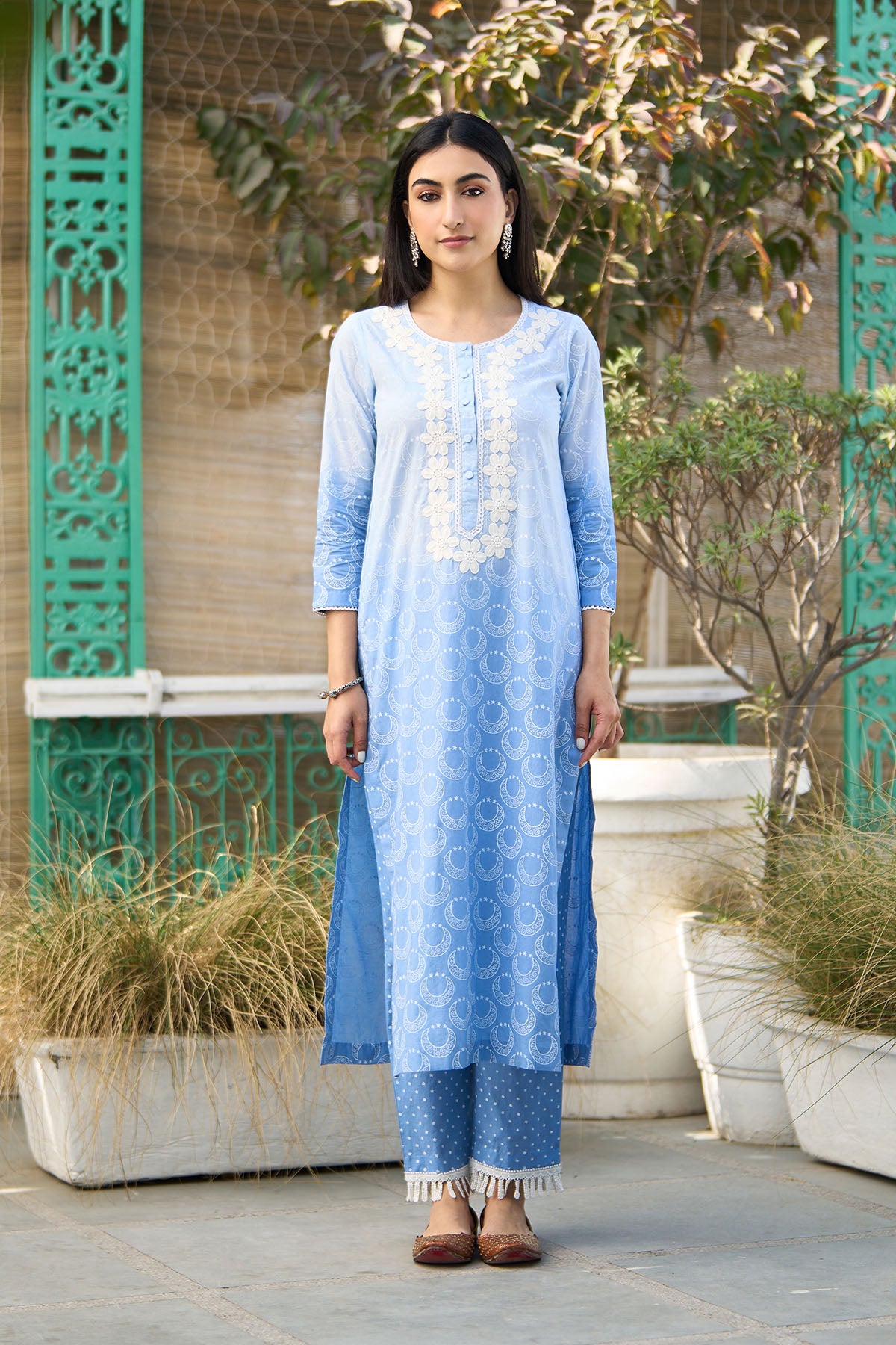 Ombre blue block printed straight kurta with palazzo and dupatta ( set of  3 ) - Ready to ship