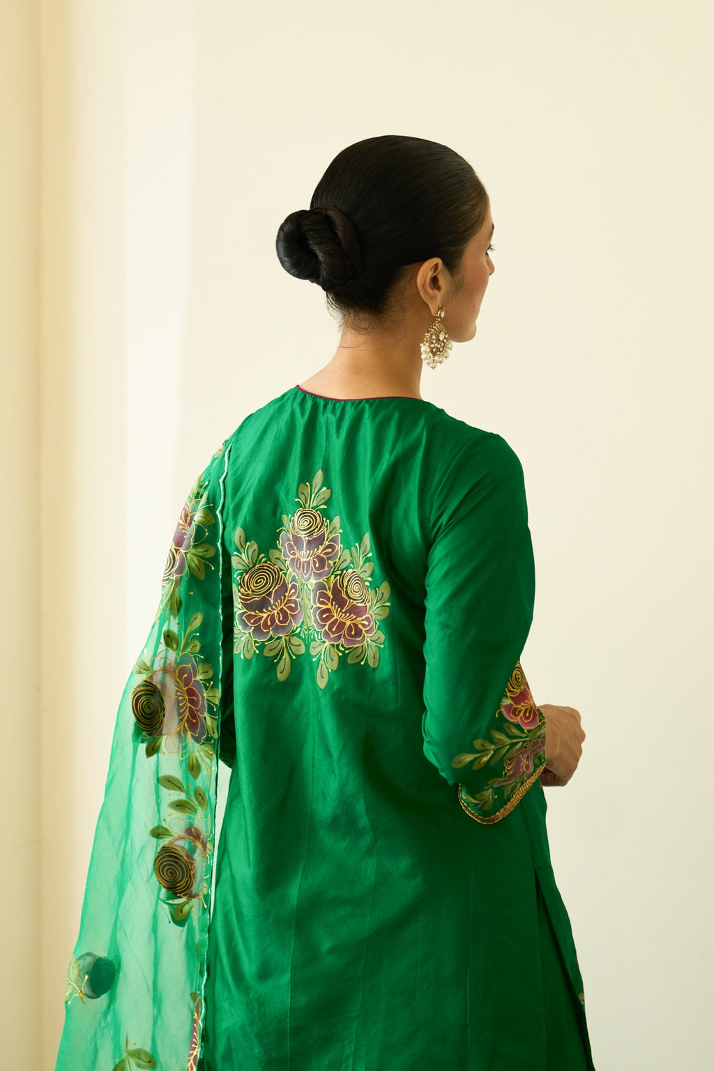 Saanjh Green Silk Handpainted Kurta Sharara And Dupatta ( Set Of 3)
